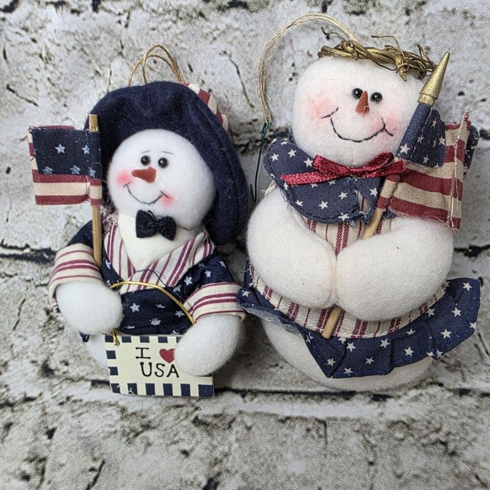 2 Patriotic Snowmen I Love USA Appx 5” Plush Stuffed Animals Christmas Ornaments